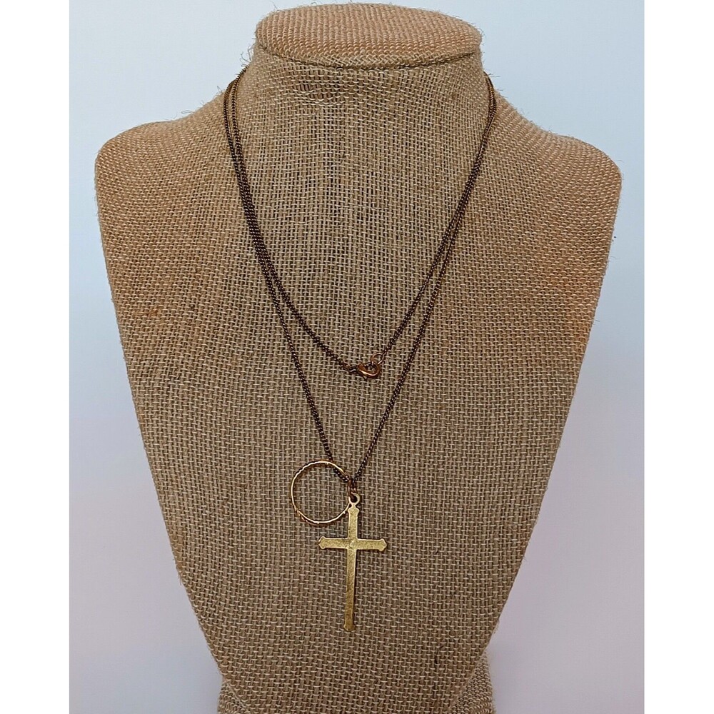 Goldtone Cross & Ring Pendant Necklace 30 in